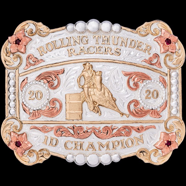 The Floral City Belt Buckle is a bright and fresh woman's belt buckle perfect for barrel racing awards or for any rodeo event! Customize this shiny silver trophy buckle now!